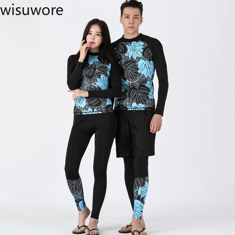

Wisuwore Rash Guard Long Sleeve Couples Diving Suit for Women Men 3 Pieces Suit Sports Surfing Wear Leaf Printed Swimwear 2022