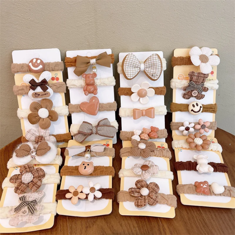 

3 Pcs New Milk Coffee Color Korean Sweet Girl Cute Cartoon Bear Flower Rubber Band Headwear Fashion Children's Hair Accessories