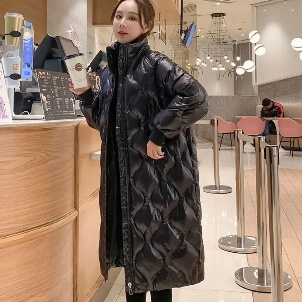 Women's long standing collar 2021 winter new Korean bright face over knee jacket Winter parka 666