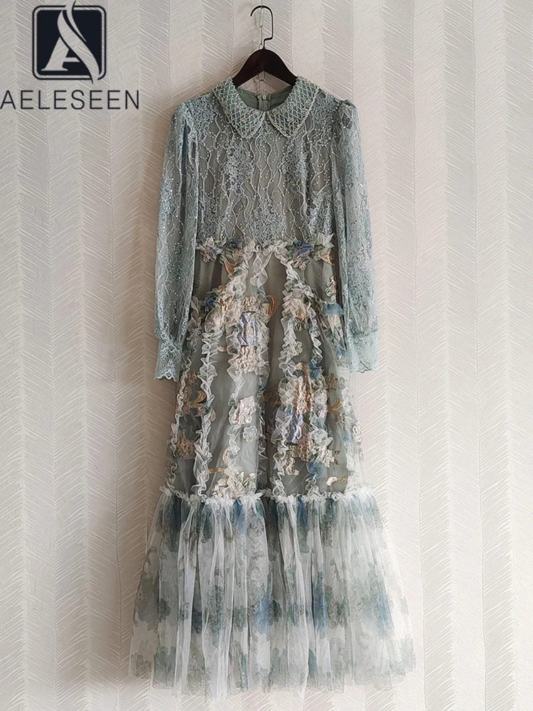 

AELESEEN RunwayFashion женское многослойное платье с отложным воротником, высококачественное Сетчатое платье с объемной цветочной вышивкой и оборками, расшитое блестками, макси-тюль