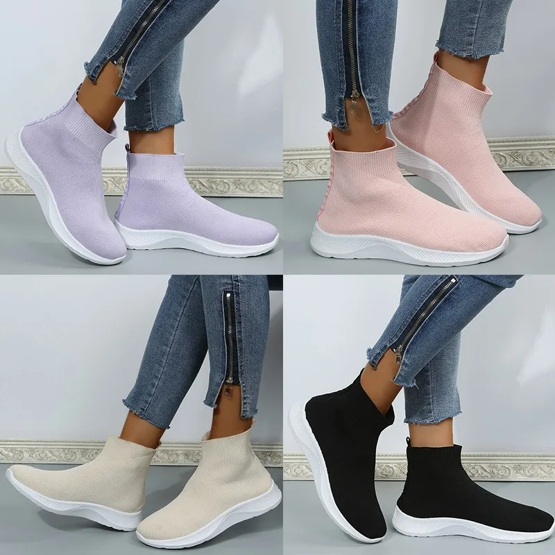 

Women Boots Autumn Winter Boots Slip on Knitted Socks Shoes Women 2022 Platform Boots with Heels Botas De Mujer Female Botines