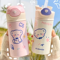 320420ml kawaii bear thermo flask bottle for girl women cute insulated stainless steel tea travel hot water bottle with straw