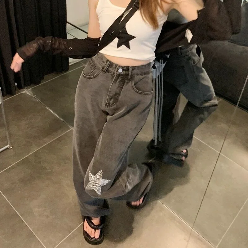 

Women's Jeans Full-Length Grey Vintage Pants High Waist Fashion Lady Women Denim Loose High Elasticity Stretch Pant Plus Size