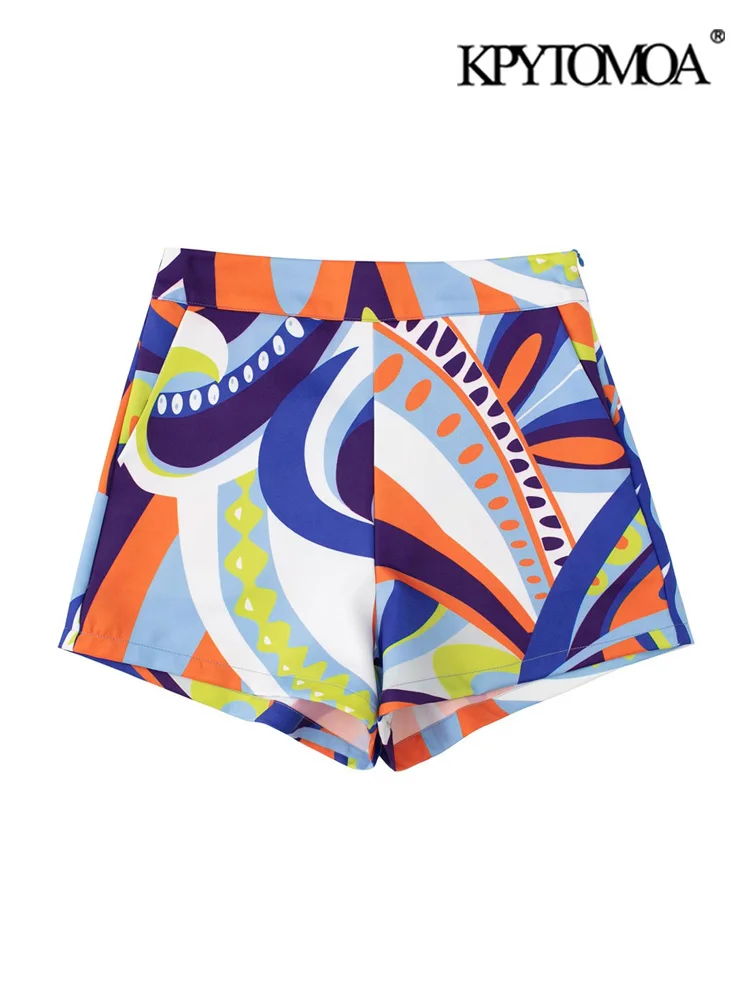 

KPYTOMOA Women Fashion Front Pockets Printed Shorts Vintage High Waist Side Zipper Female Short Pants Mujer