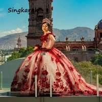red flowers appliques ball gown quinceanera dresses elegant 2022 off shoulder princess sweet 16 dress vestidos de 15 a%c3%b1os