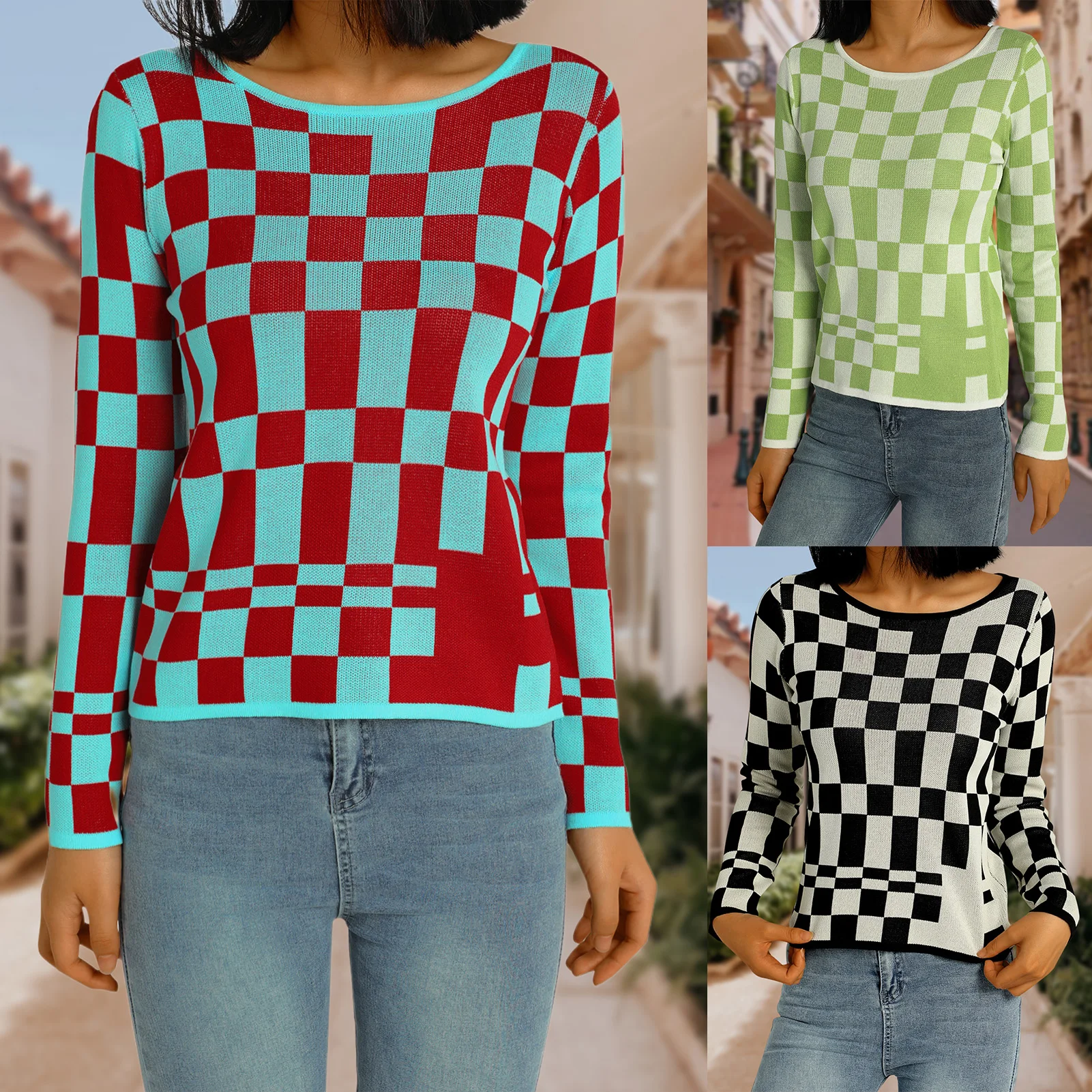 

Fashion Women Plaid Sweaters 2023 New Autumn Winter Houndstooth Knitwear Pullovers Long Sleeve Top Streetwear Loose Jumpers