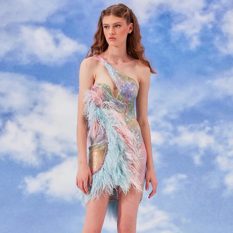

Fashion One Shoulder Short Dress Sexy Sleeveless Mesh Sequins Feather Mini Bodycon Dress Elegant Evening Party Dress Vestido