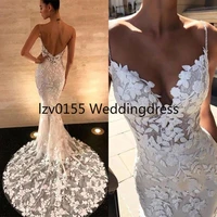 new mermaid wedding dresses 2022 v neck long sleeves full lace appliques front split sheer sweep train backless plus size