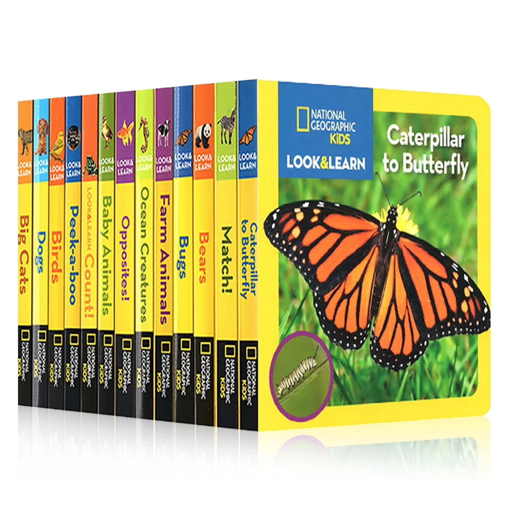 

12 Books/set National Geographic English Popular science picture book Baby kids CardBoard Book for Learning Encyclopedia Animals