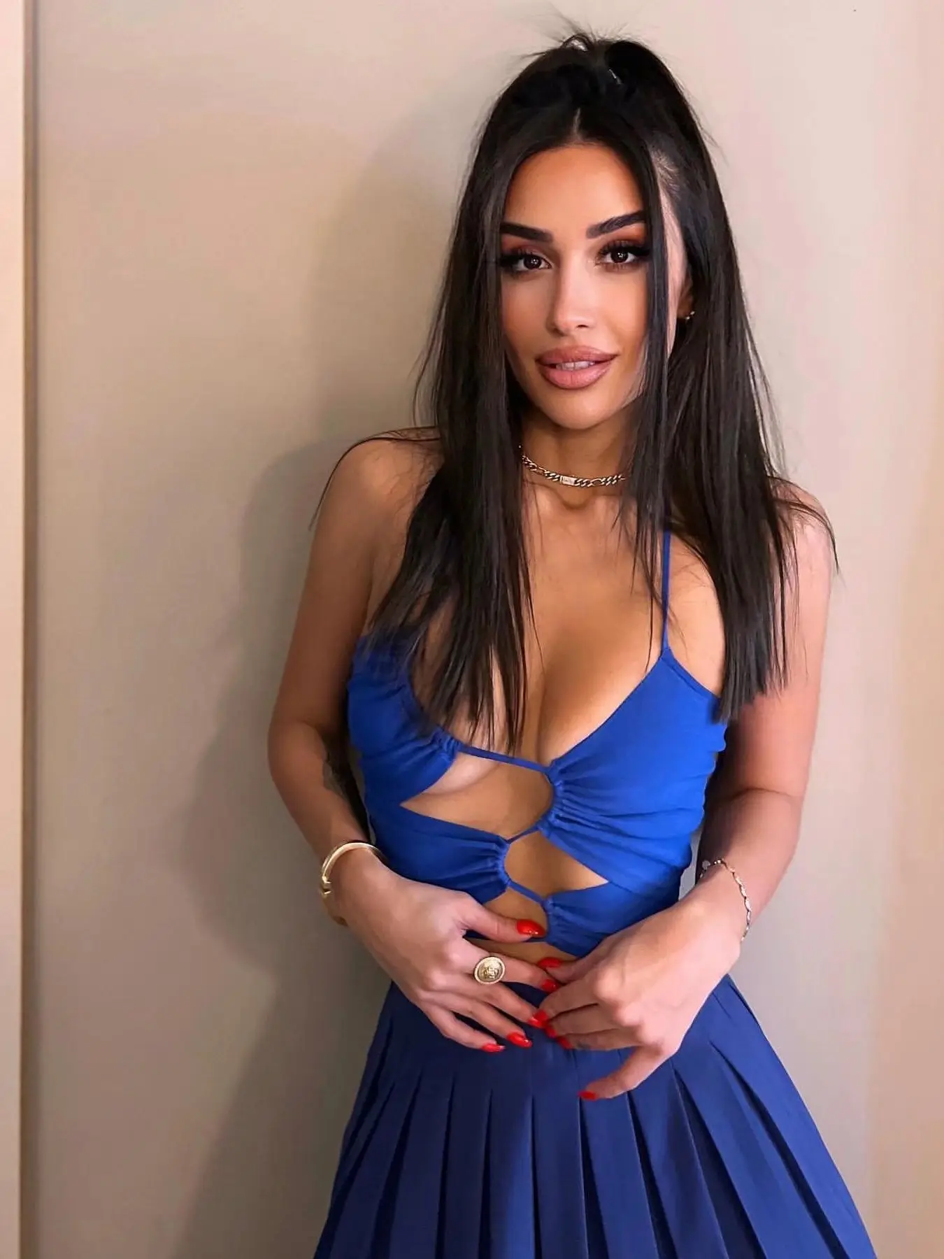 

Summer Women's Dark Blue Irregular Drawstring Elastic Fabric Halter Bow Design Sling Top Casual Chic British Style