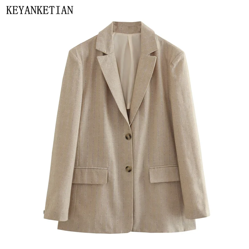 

KEYANKETIAN New Fall Linen-Textured Single-Breasted Striped Suit Women Commuter Style Straight Top With Clamshell Pocket