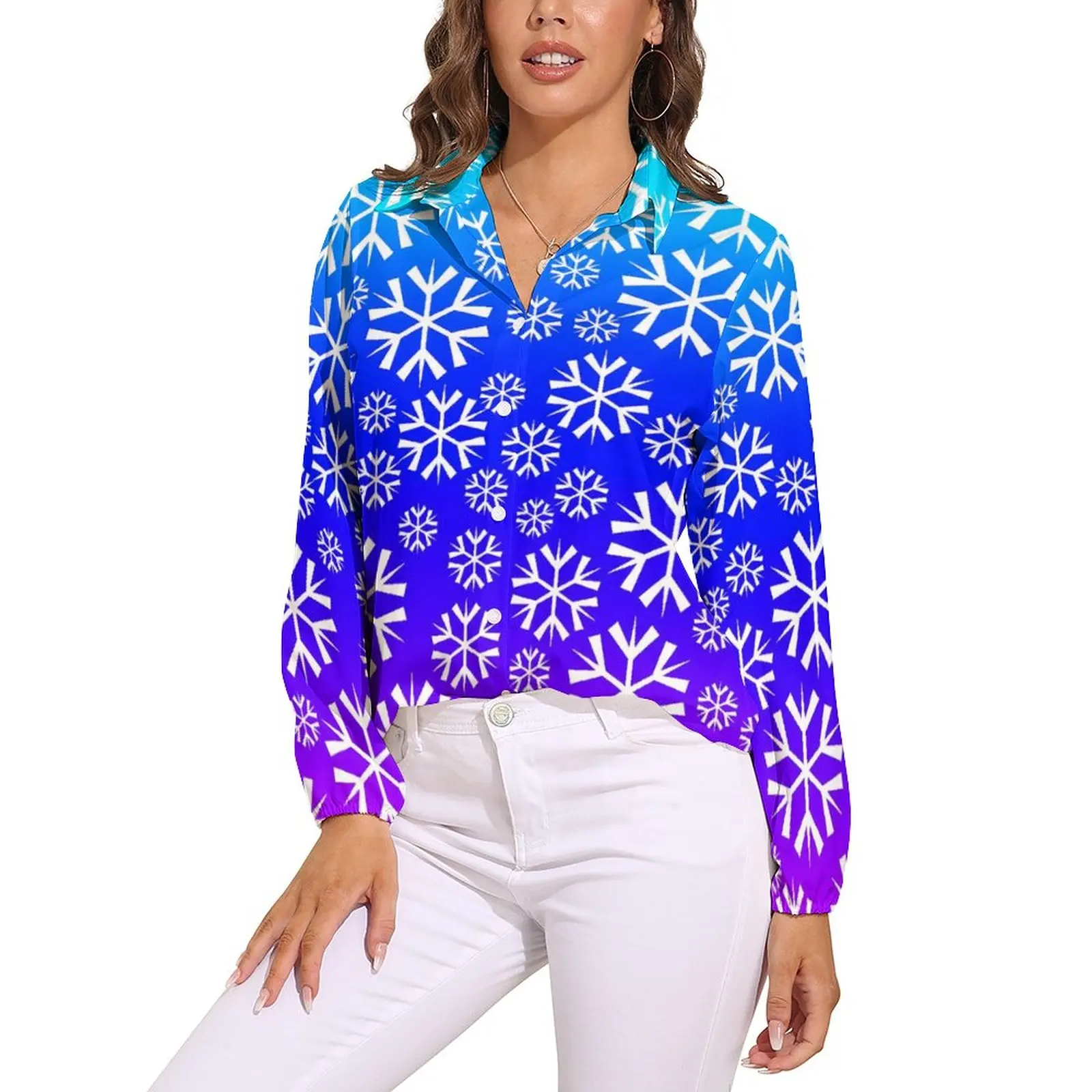 

White Snowflake Blouse Purple and Blue Kawaii Pattern Blouses Women Long-Sleeve Street Wear Shirt Spring Oversized Tops