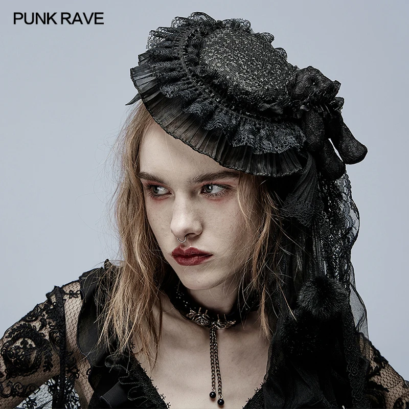 

PUNK RAVE Lolita Bear Hat Gorgeous Lace Mesh Caps Goth Party Halloween Fedoras Falbala Edge Lovely Accessories