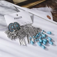 boho bride earrings set vintage ethnic long turquoises tassel wedding drop earrings for women blue crystal statement jewelry