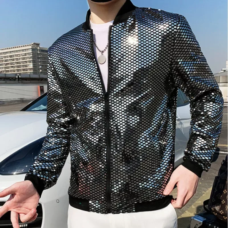 

Free shipping Streetwear Men Spring Tide Fashion Shiny Male Personality Sunscreen Night Clothes Stage Dress Jacket Coat Bomber J