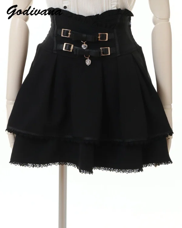 Женская кружевная плиссированная короткая юбка с завышенной талией и кожаным