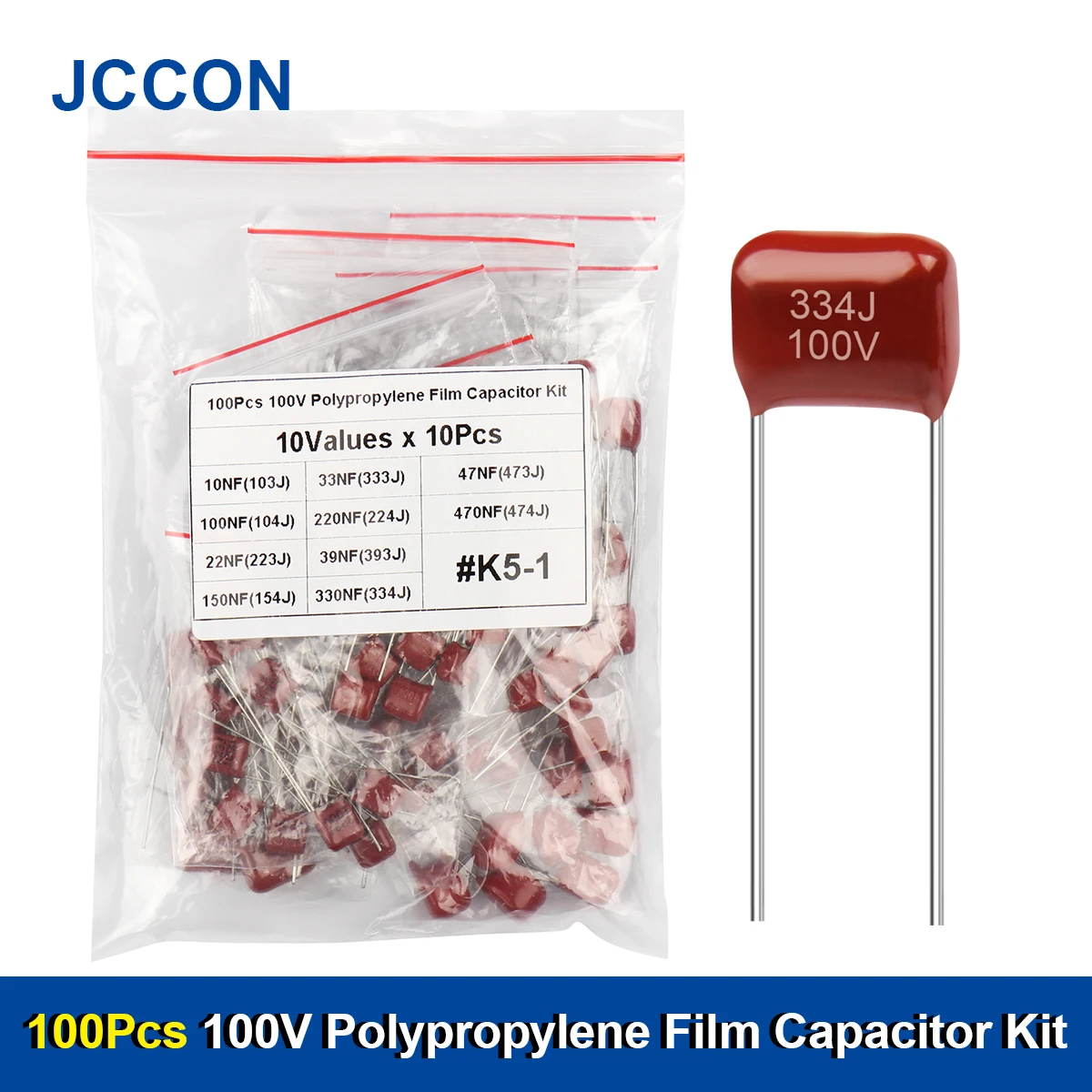 100Pcs 10 Values JCCON CBB Metallized Polypropylene Film Capacitor Assortment Kit 100V 103 223 333 393 473 104 224 334 154 474