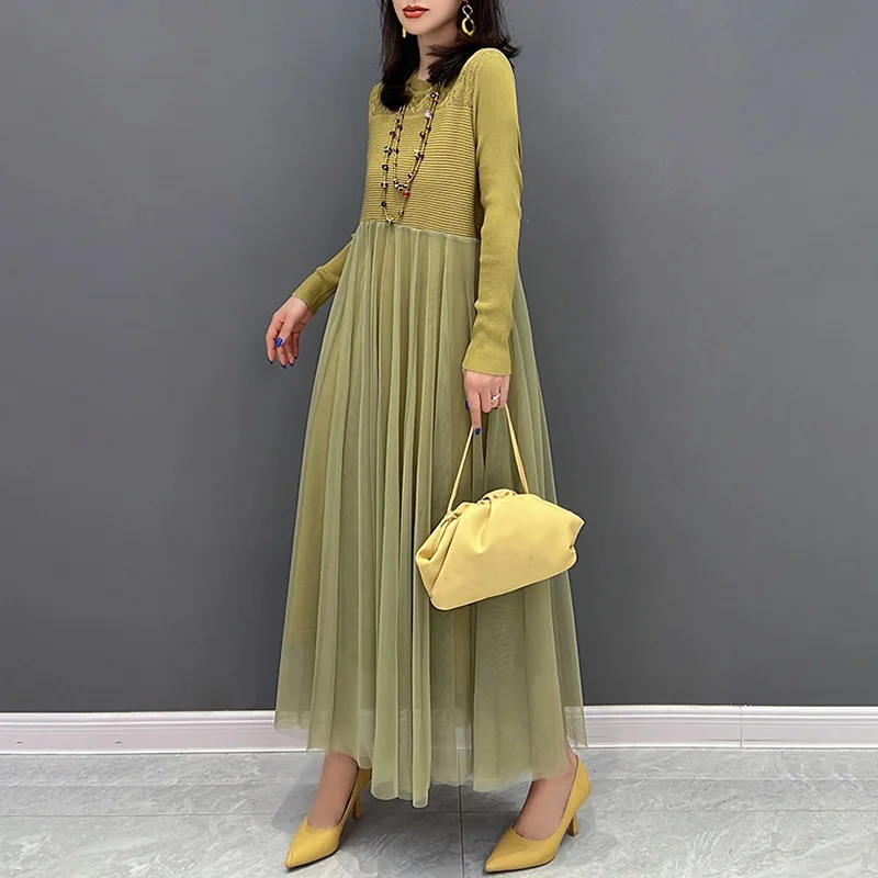 

SuperAen European 2023 Spring New Fashion Mesh Knitted Dress Loose Pullover Women's Long Dress
