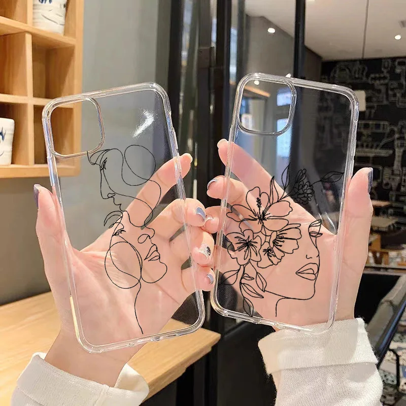 

Art Abstract Line Human Flower Phone Case for Iphone 13 11 12 Pro Max XR 8 7 6Plus X XS Mini Transparent Soft Silicone Cover
