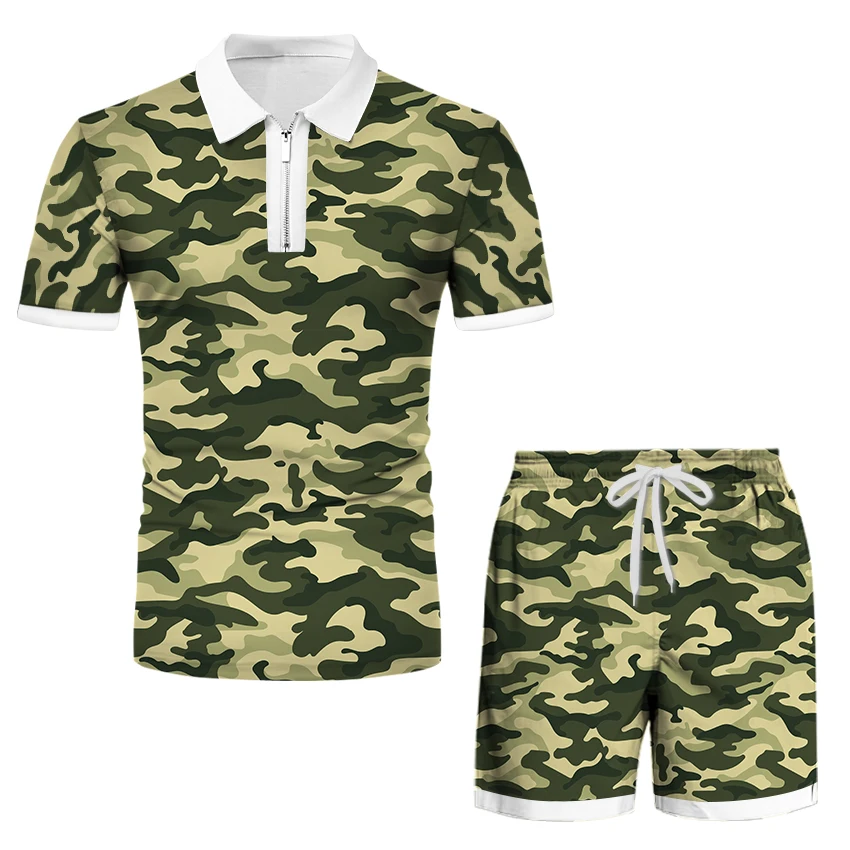 

Men's Tracksuit Camo Print Short Sleeve Zipper Polo Shirt&Shorts Set for Men Casual Streetwear 2-piece Suit 2022 Summer New