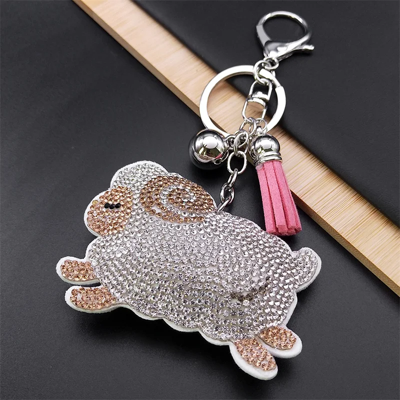 Cute Sheep Lamb Keychain for Women Girl Gift Crystal Silver Color Pink Tassel Trend Animal Bag Pendant Key Ring Jewelry K5110S01