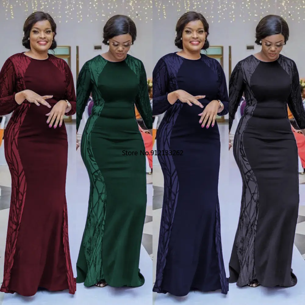 

African Maxi Dresses for Women Autumn Winter African Long Sleeve Round Neck Polyester Sequin Long Dress African Clothes Women