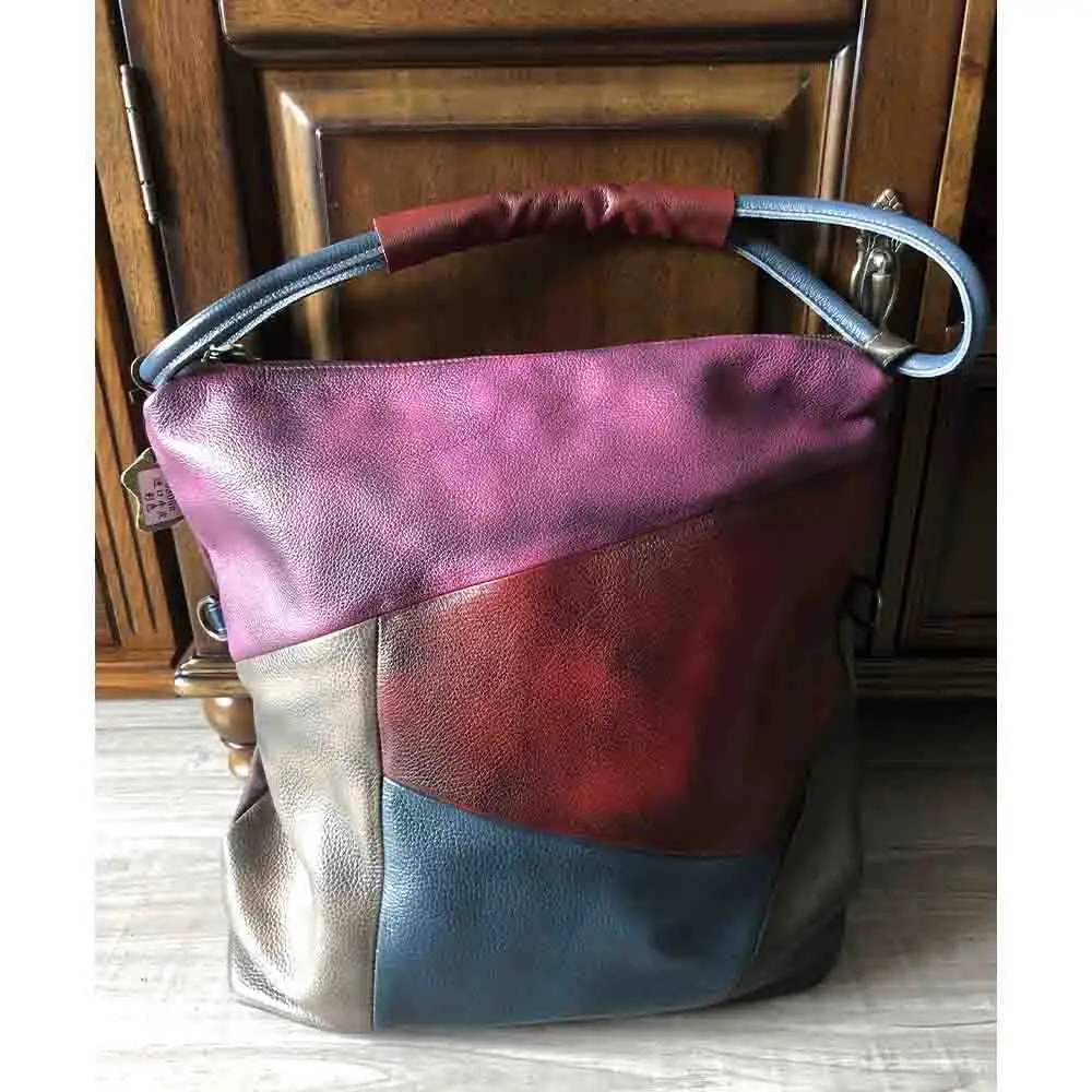 

Retro Bucket Bag Woman Genuine Leather Tote Bag High Qualuty Cowhide Patchwork Color 45cm Roomy Shopper Daily Bag Vintage Purses