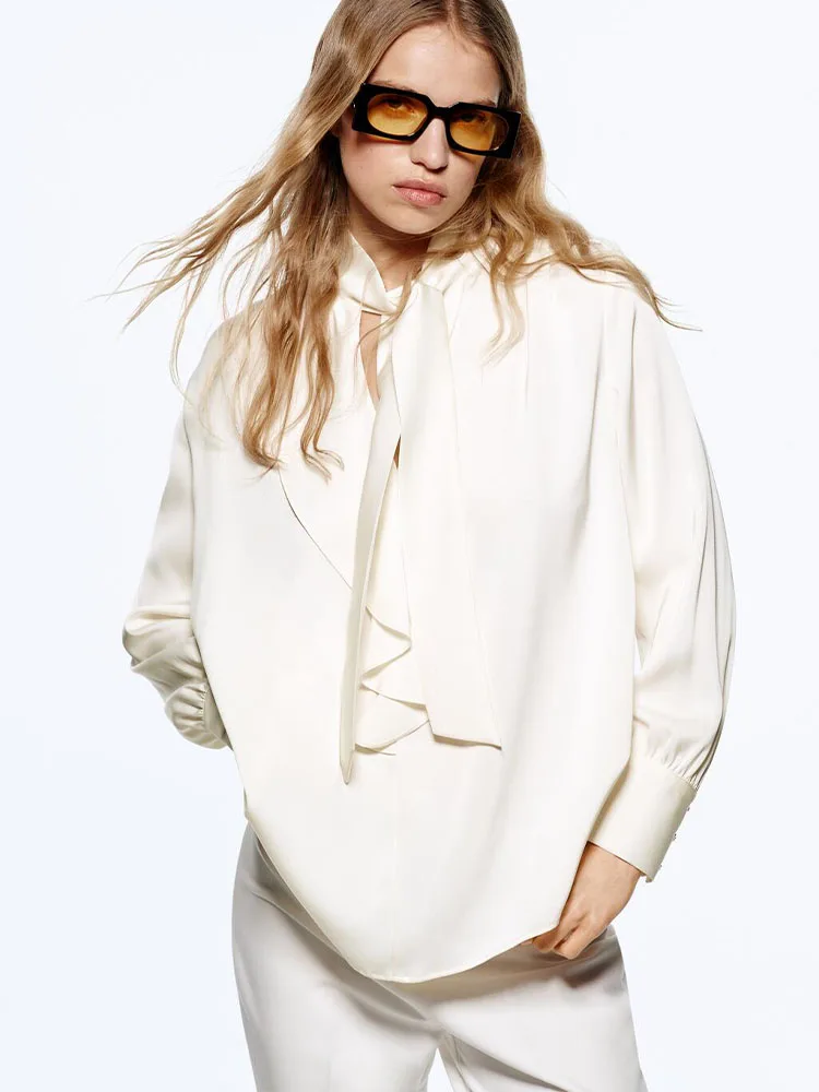 

spring new women's fashion all-match lotus leaf collar faux jewelry button bow trim silk satin texture stand collar shirt top