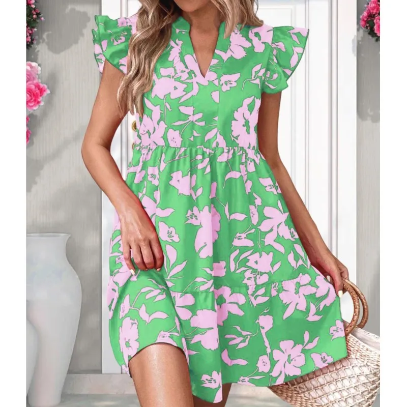Свежее и милое женское платье с цветочным принтом новинка лета 2024 рукавами в виде