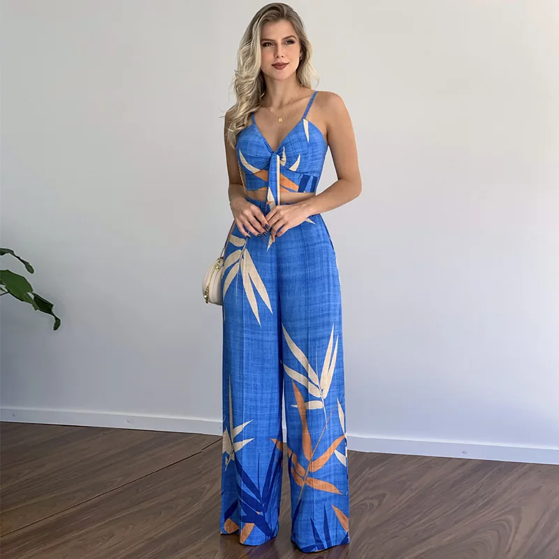 

Summer Two Piece Sets Women Bohemian Beach set Ladies Sexy Sleeveless Chain Sling V Neck Backless top Loose Wide Legs Pants sets