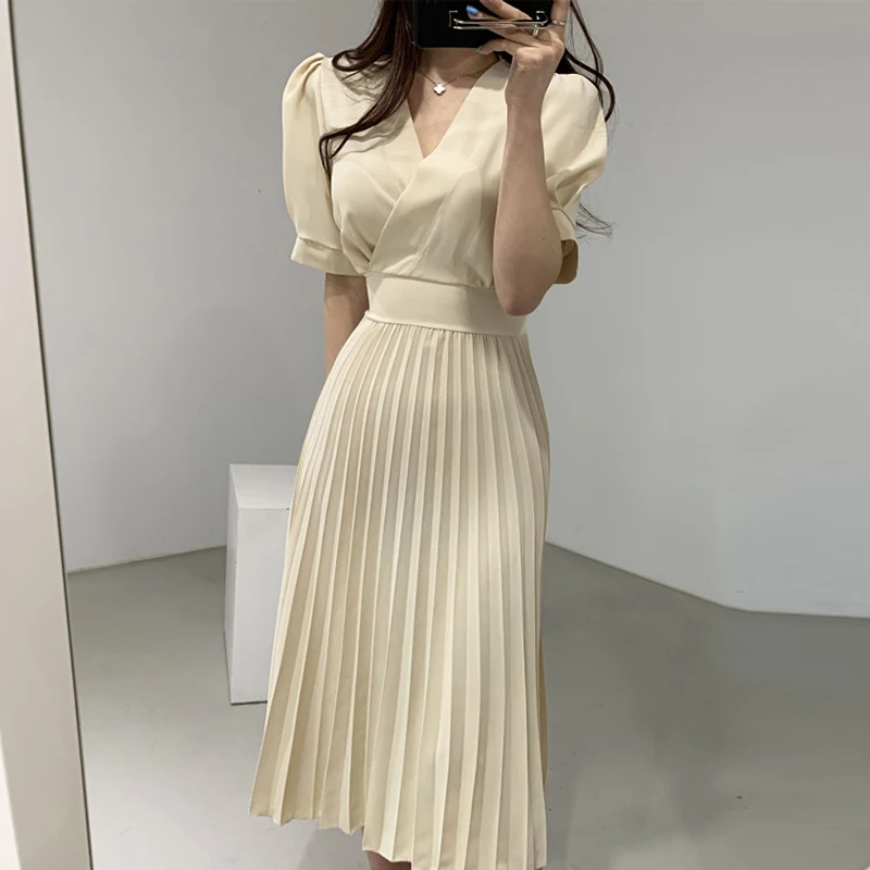 

Vintage Elegant V-Neck Slim Office Lady Casual A-Line Bandge Pleated Bodycon Chiffon Midi Dress for Women Clothing Summer 2023