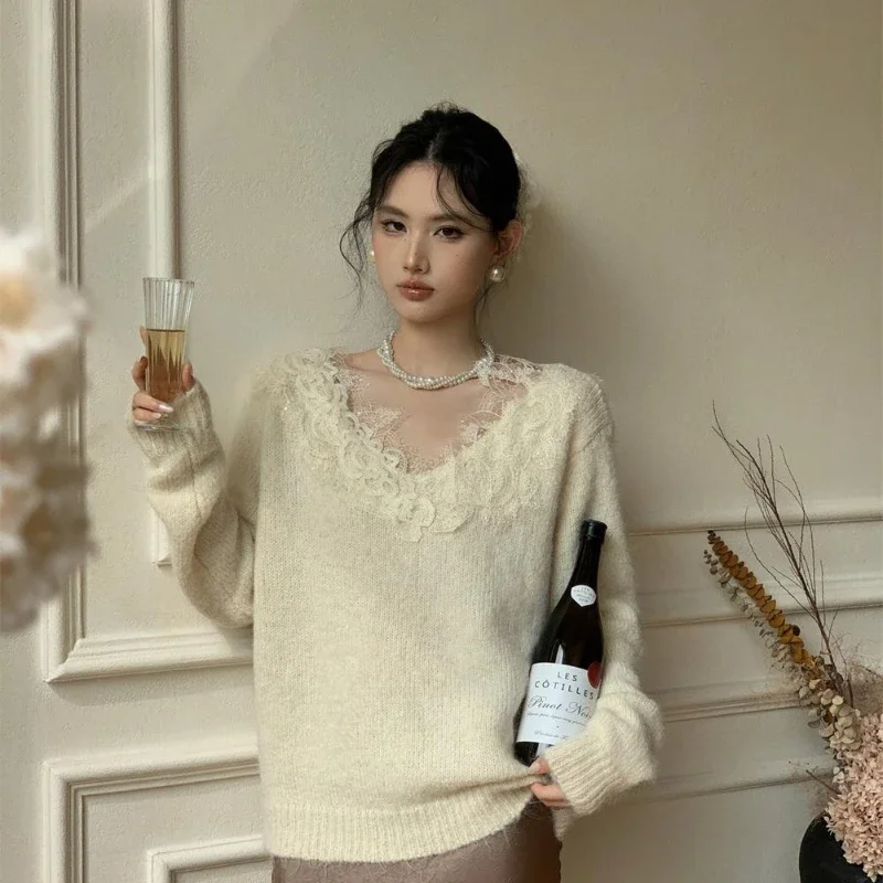Korean Chic Sweet Lace Patchwoek V-neck Loose Pullovers Long Sleeve Casual Temperament Sweaters Women 2024 Fall Winter Jumpers
