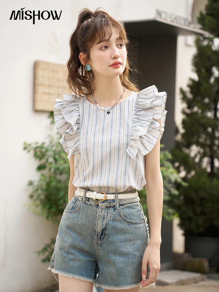 MISHOW Women's Retro Denim Shorts 2023 Summer Tassel Edge High Waist Distressed Pockets Casual Versatile Short Pants MXC35K0086