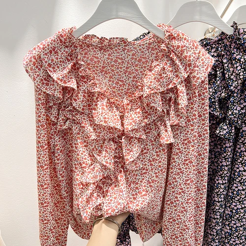 

2022 Spring New Korean Style Elegant V-neck Blouse for Women Ruffles Stitching Long Sleeve Floral Chiffon Shirt Ladies Tops