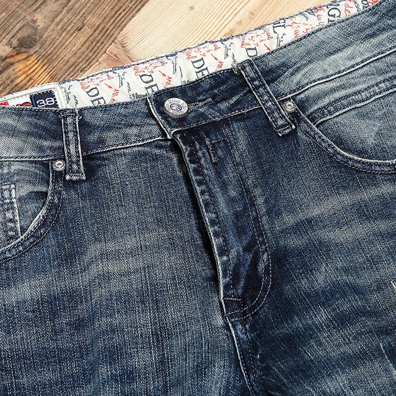 Fashion Designer Men Jeans Retro Gray Blue Elastic Slim Fit Hole Ripped Jeans Men Embroidery Patched Vintage Denim Pants Hombre