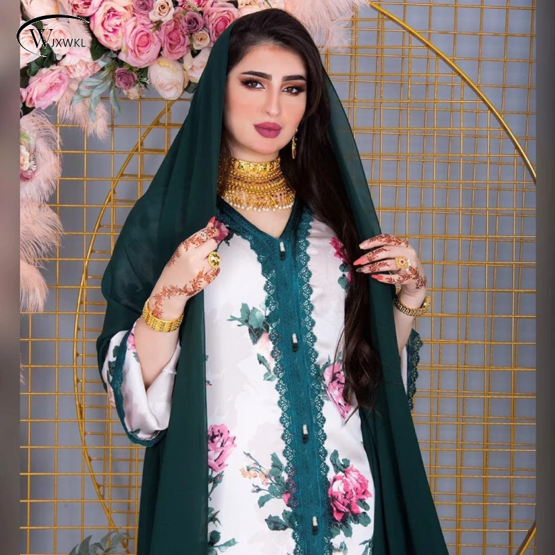 

Ab041 Middle East Ins Style Printed Floral Robe Jalabiya Dubai Arab Muslim Women Muslim Dress 2022