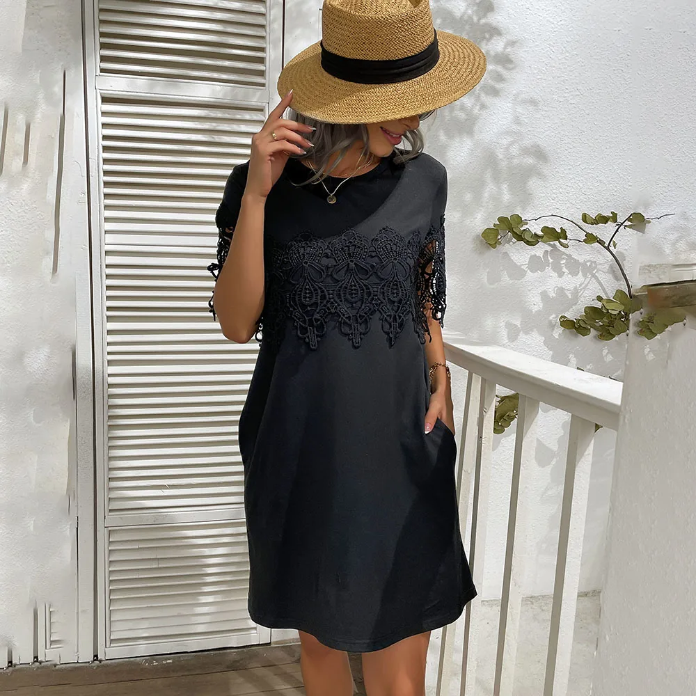 

2022 Fashion Black Lace T Shirt Mini Dress Women Short Sleeve O Neck Patchwork Loose Long Tee Dresses Casual Robe Femme Clothes
