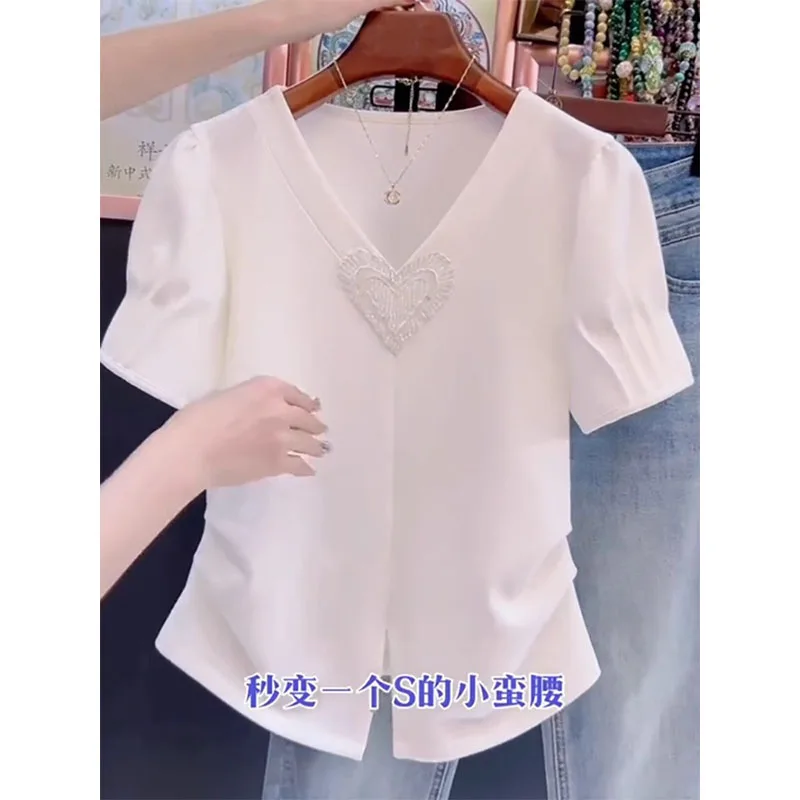 Plus size Split Hem Love Pure Cotton V-neck Short sleeve T-shirt 2024 Summer New Design Sense Puff sleeve Top