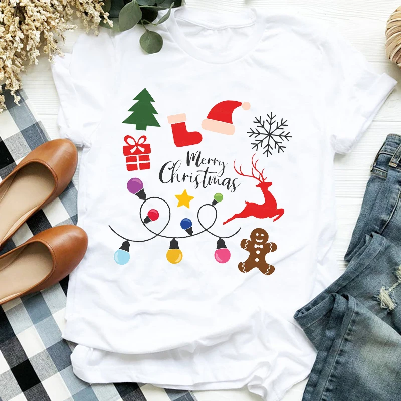 

Женская рождественская футболка с рисунком оленя снежинки дерева