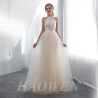 haowen sexy prom dresses o neck transparent lace applique a line sleeveless sweep train long party evening formal gown