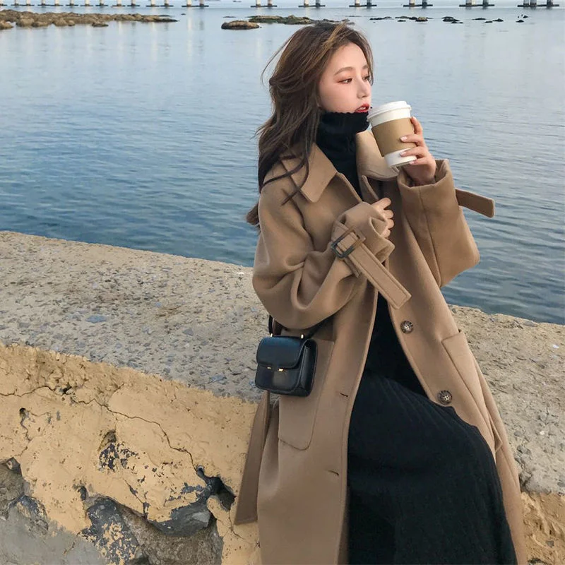 Woolen Coat Thick Women's Mid-length Autumn New Loose Woolen Coat Winter  Overcoat Camel Korean Fashion Wool Coats and Jackets