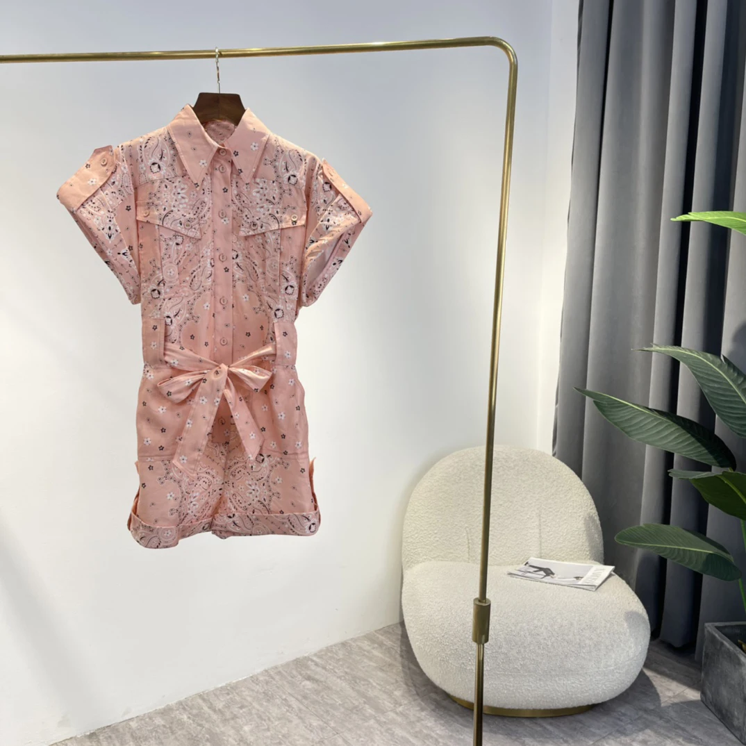 

Latest 2022 Summer Top Quality Linen Green Pink Paisley Floral Print Flat Flap Pockets Holiday Playsuits with Fabric Belt Women
