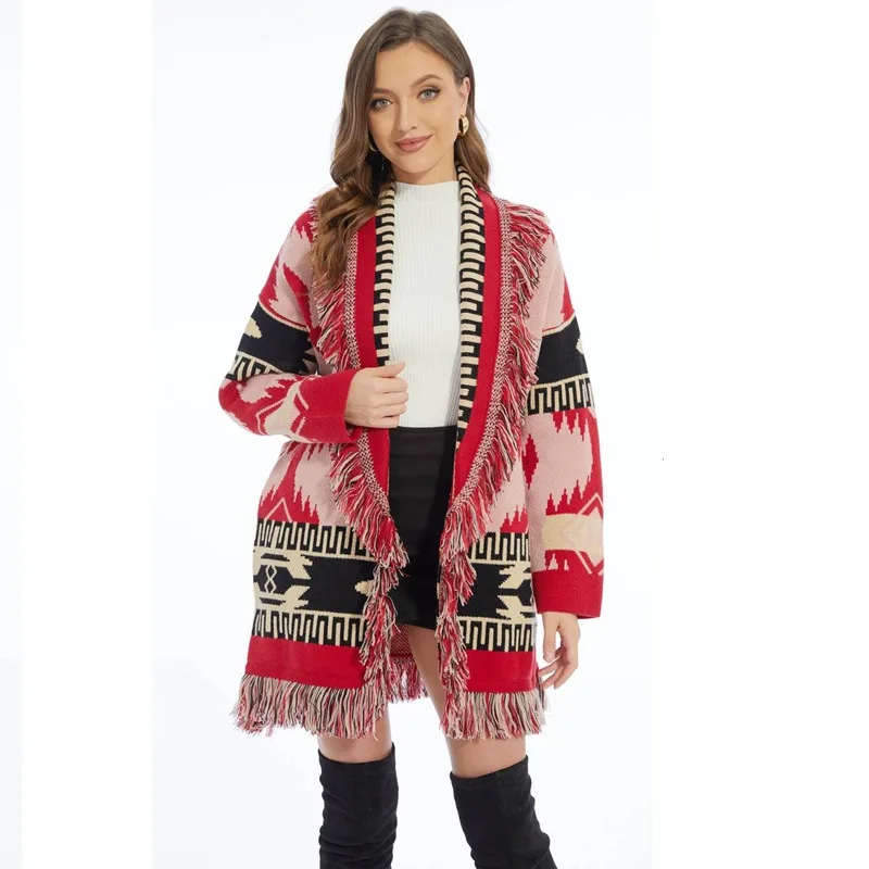 

Jastie2023 осень зима длинный жаккардовый свитер куртка шикарный контрастный отворот Ретро кисти в этническом стиле вязаный кардиган пальто