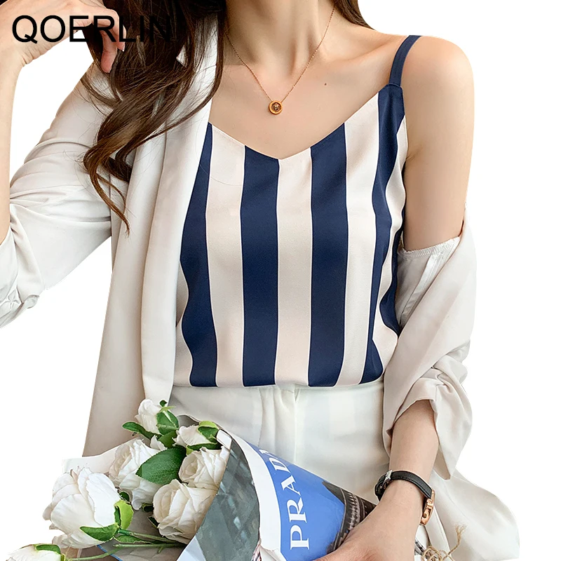 

QOERLIN S-2XL Striped Vest Women Summer Fashion T-Shirts Camisole Vest Office Ladies Casual V-Neck Basic Tops Trendy