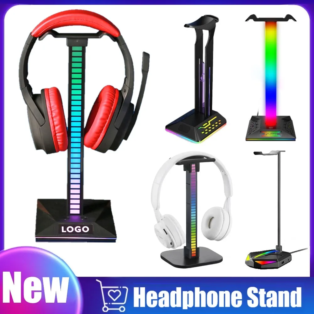 

Newest RGB Gaming Headphone Stand Headset Desk Display Holder Hanger with Pickup Rhythm Light USB Type-C Ports PC Accessories