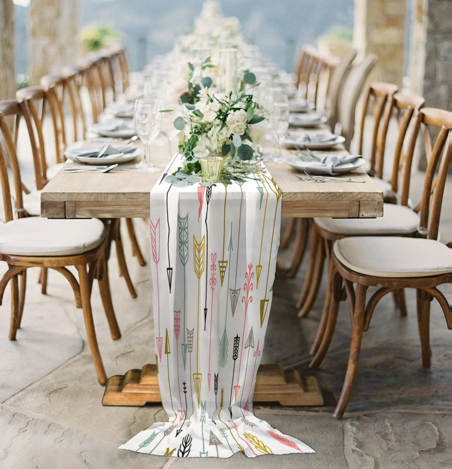 

Colorful Arrows Geometric Figures Sheer Chiffon Table Runner Wedding Party Birthday Luxury Voile Tablecloth Home Decoration