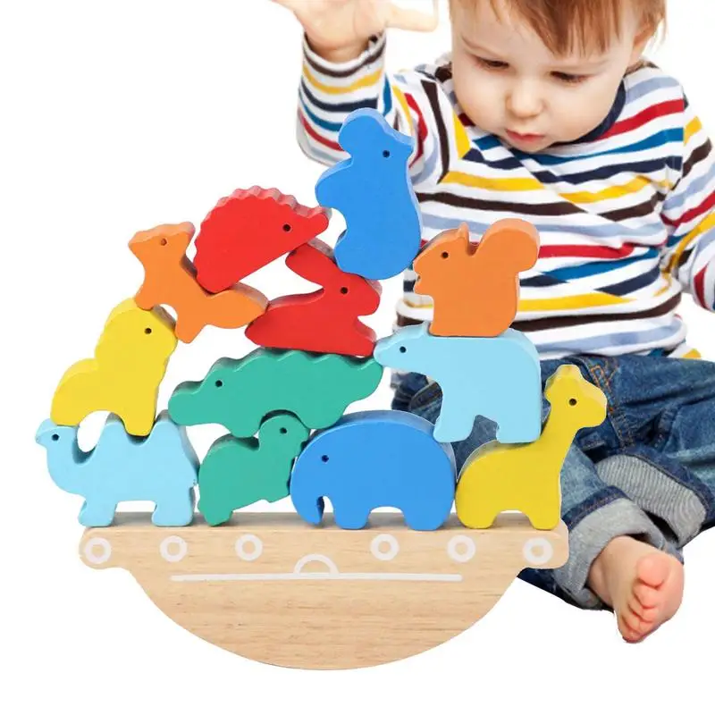 

Children Montessori Wooden Dinosaur Balance Blocks Stacking Toy Animal Building Block Stacking Games Family Interactive Toy
