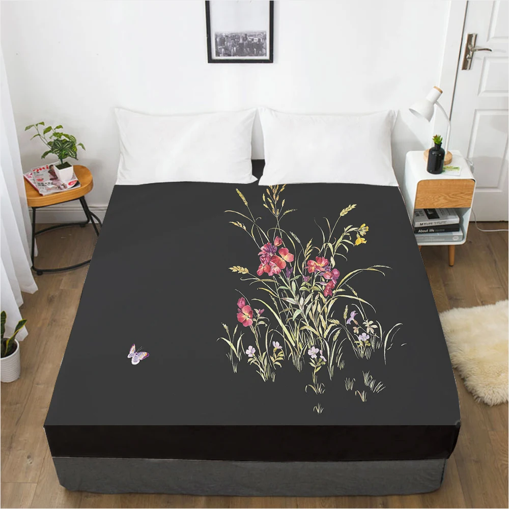 

1pc Elastic fitted sheet bed sheet With An Elastic Band Mattress Cover 160x200 220x200 Customizable size Bed cover Flowers black