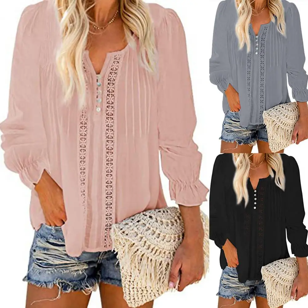 

Женская Офисная рубашка, Элегантная Лоскутная кружевная блузка с V-образным вырезом и длинными рукавами-фонариками на пуговицах, уличная од...