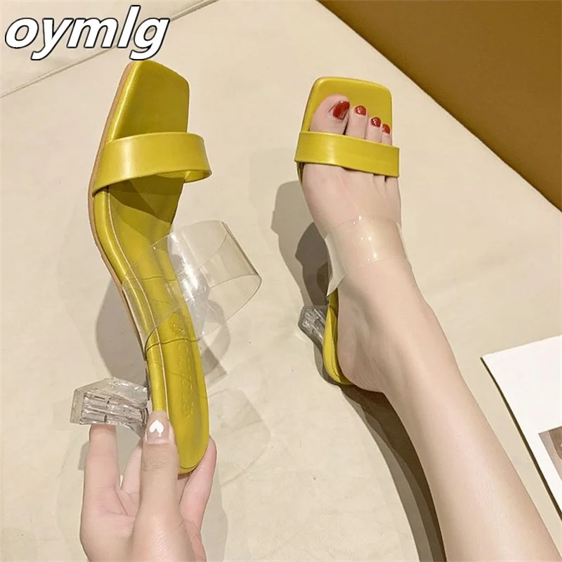 

2022 new summer transparent sandals women's medium-heeled thick-heeled crystal shoes fairy wind high-heeled sandals and slippers